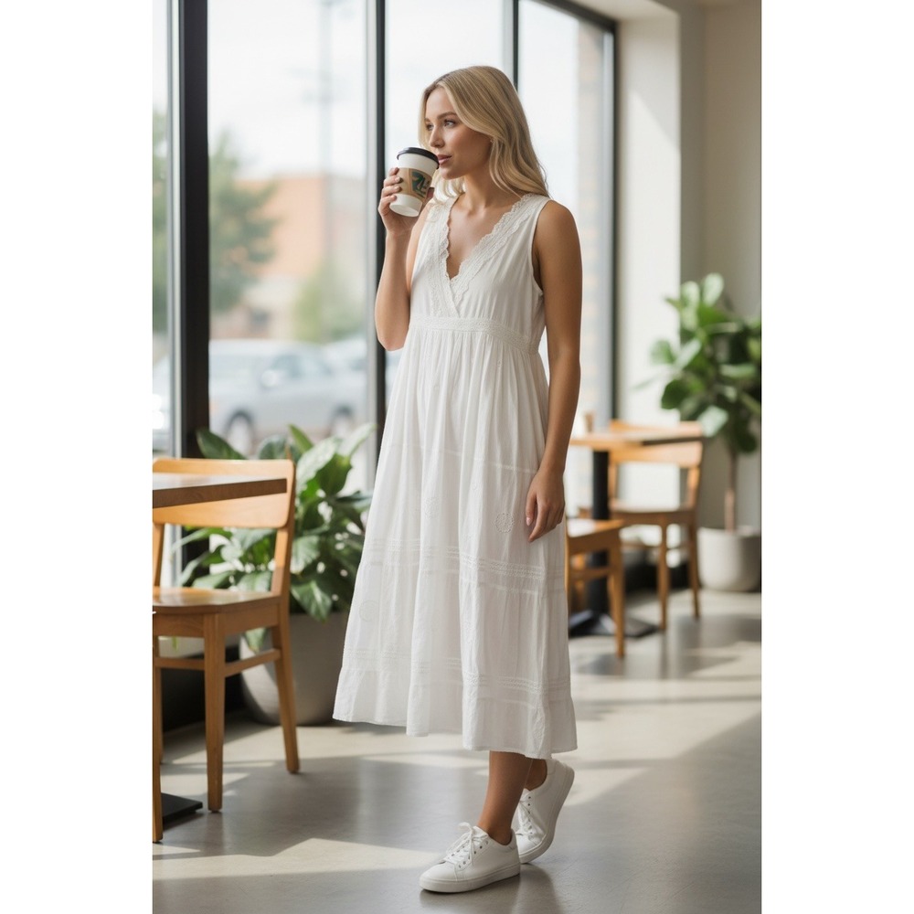 Sacred Threads White Cotton Embroidered Maxi Dress Sleeveless Boho Ruffle Small